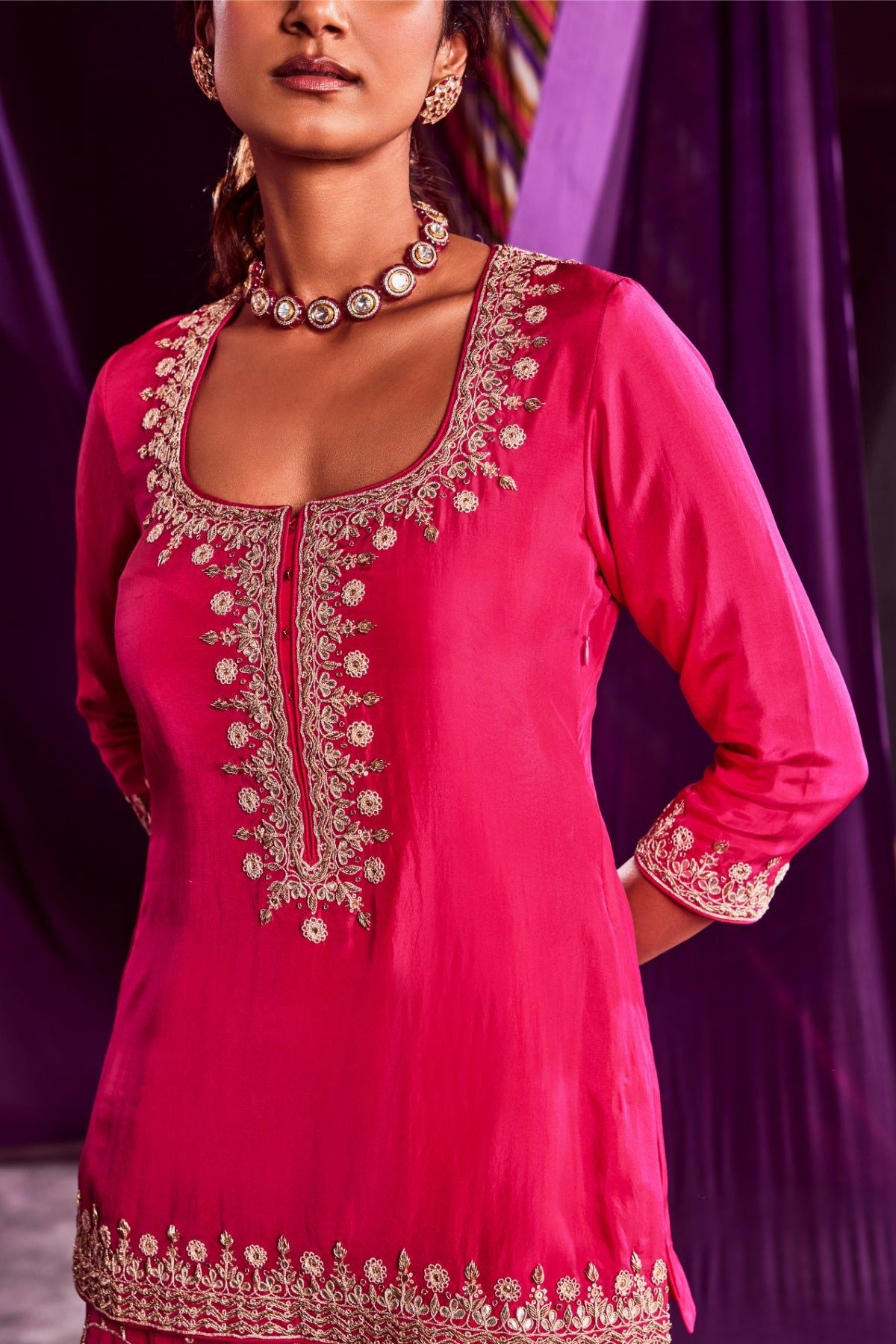 Rani pink Short Kurti With Sharara Dupatta – almastejani