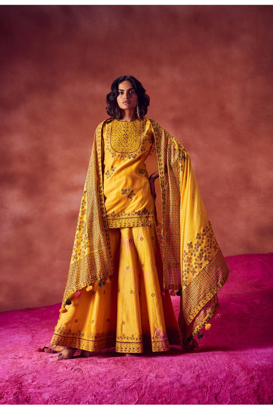 Yellow Short Kurti With Sharara & Dupatta