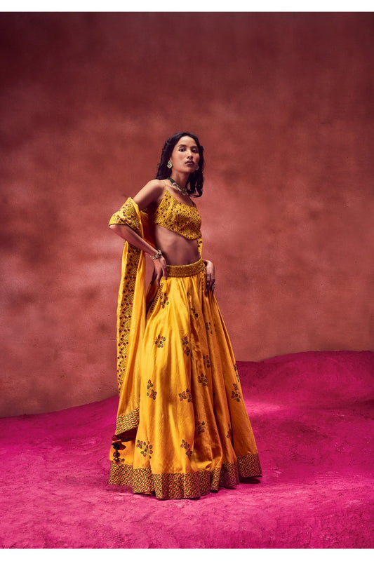 Yellow Printed Lehenga With Top & Dupatta