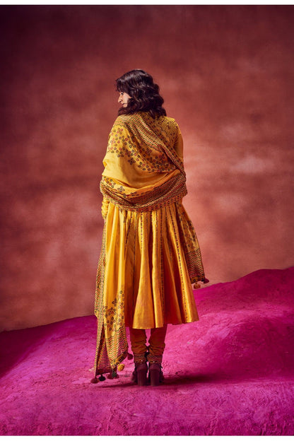 Yellow Resham Work Anarkali Paired With Jacket & Churidar