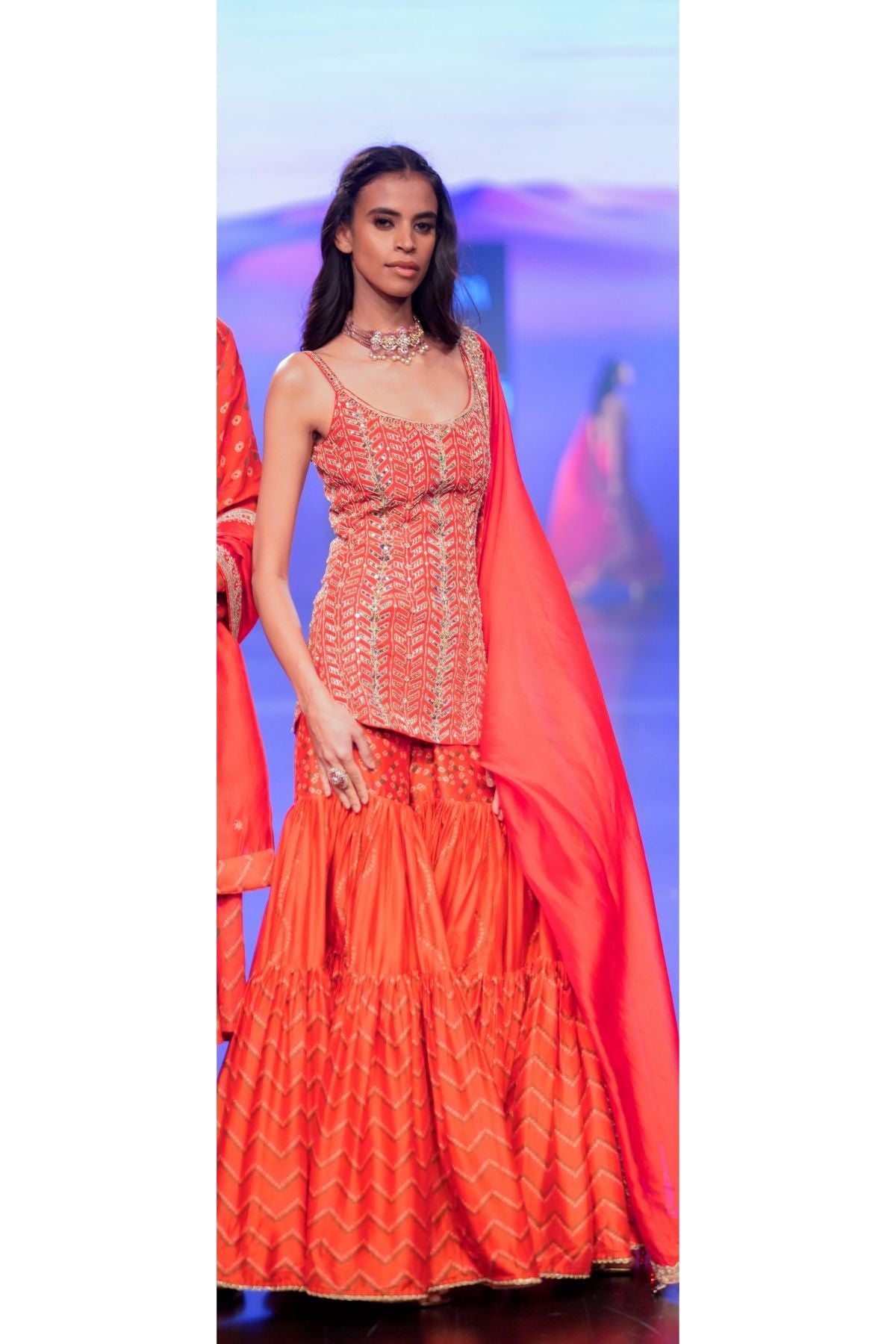 Surkh laal Strappy Short Kurti Paired With Printed Gharara & Dupatta