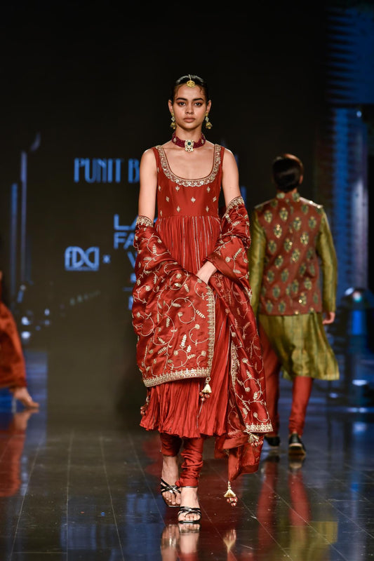 Brick Red Hand Embroidered Anarkali Set