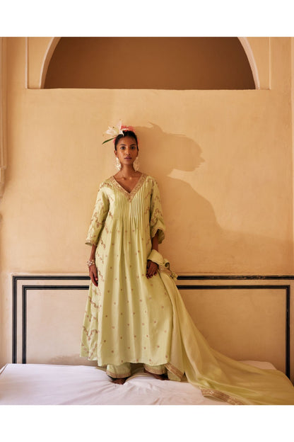 Mint Silk Anarkali Paired With Pants & Dupatta