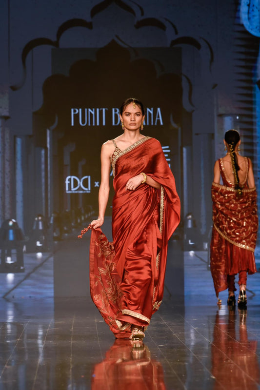 Brick Red Embroidered Saree with Strappy Blouse