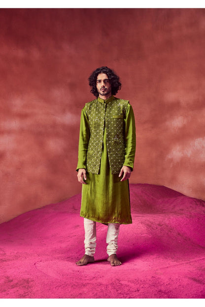 Olive Green Silk Kurta With Bandi & Churidar