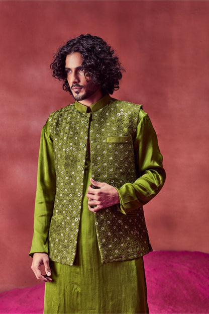 Olive Green Silk Kurta With Bandi & Churidar