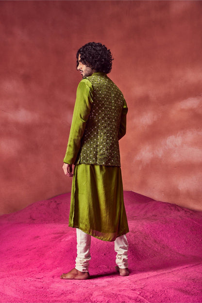 Olive Green Silk Kurta With Bandi & Churidar