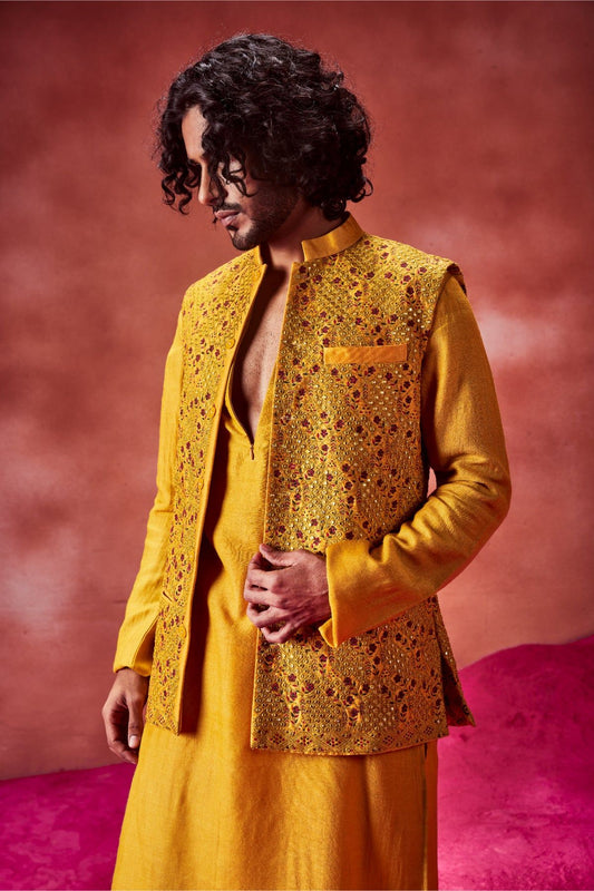 Yellow Kurta Paired With Embroidered Bandi & Churidar