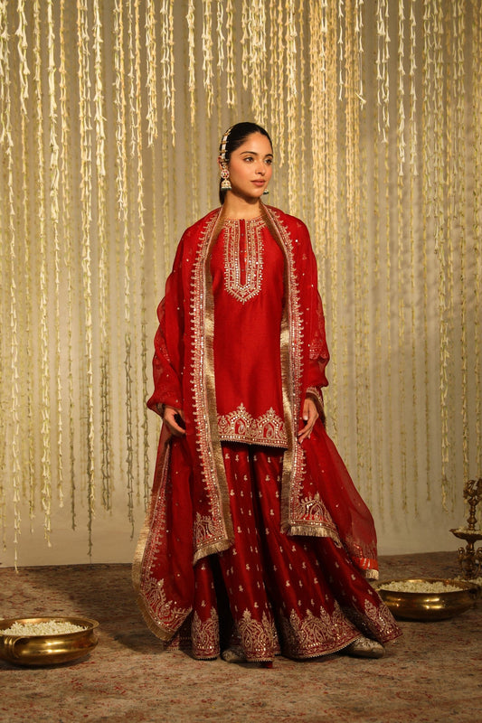 Mishika - Deep Red Kurta with Sharara and Dupatta