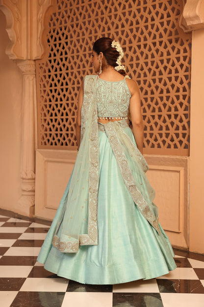 Afsa - Misty Green Lehenga with Blouse and Dupatta