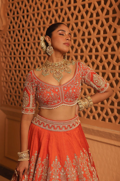 Faizah - Orange Lehenga with Blouse and Dupatta
