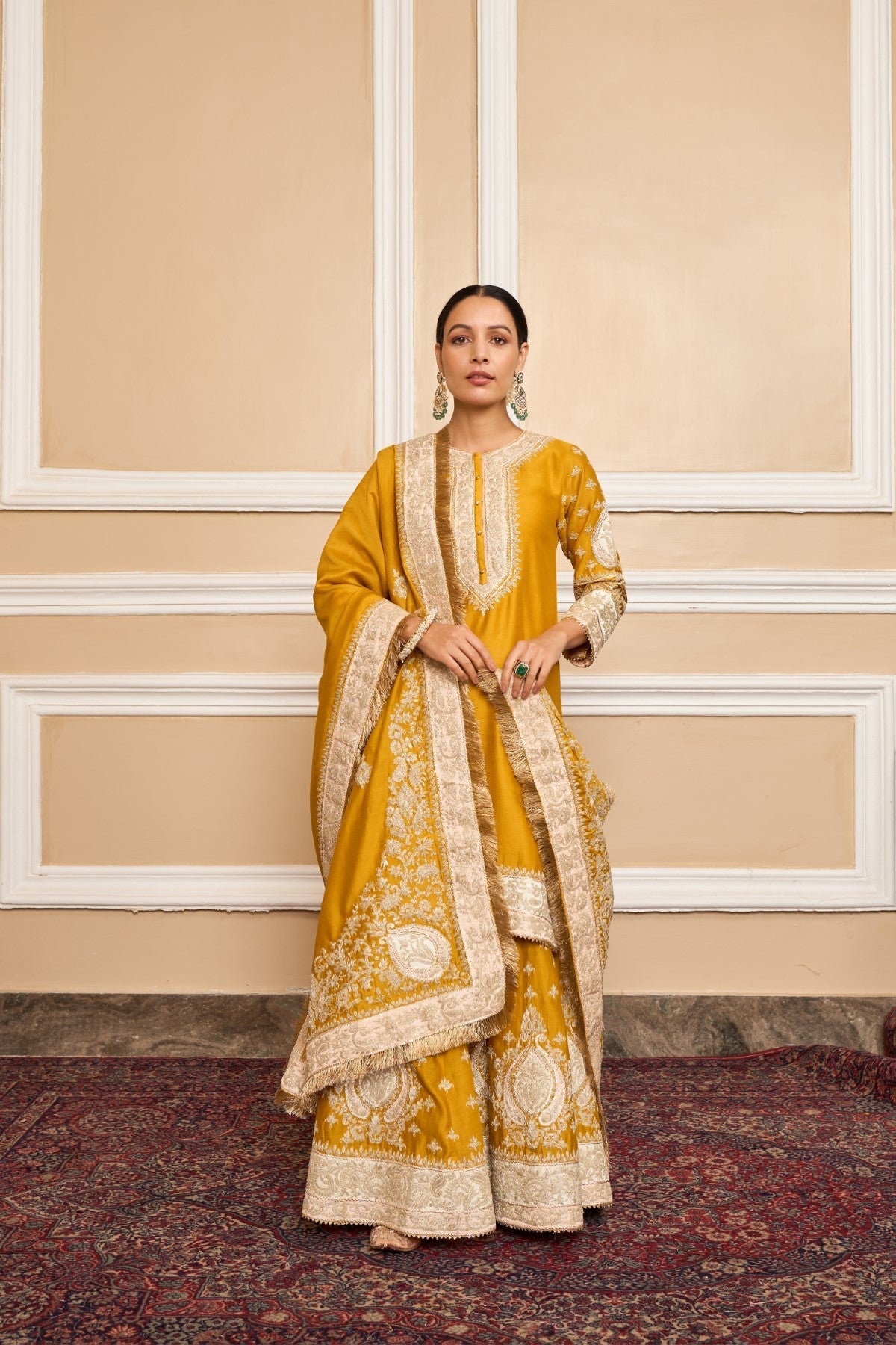 Muskan Chanana in Raina - Glaze Mustard Short Kurta with Sharara and Odhni
