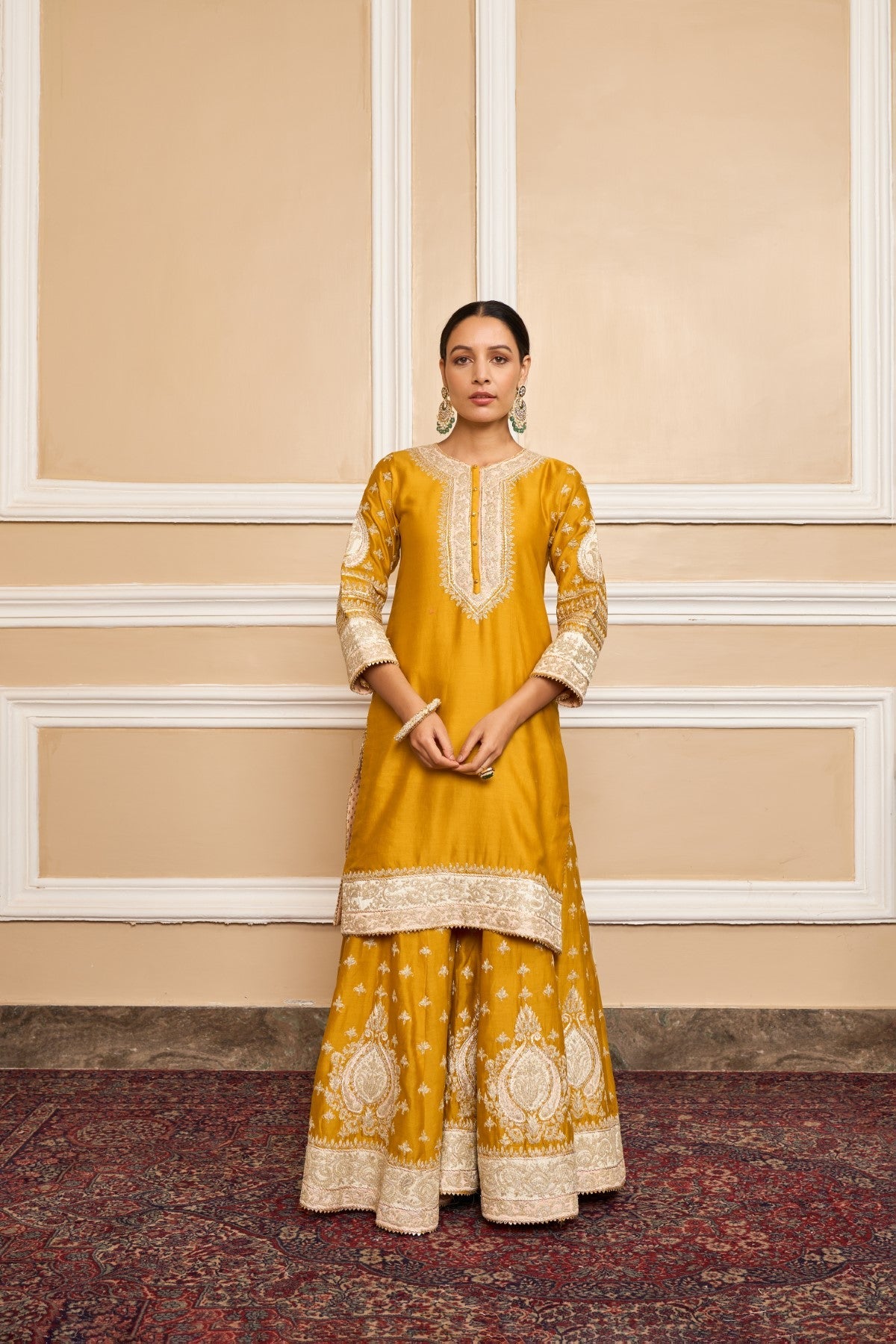 Muskan Chanana in Raina - Glaze Mustard Short Kurta with Sharara and Odhni