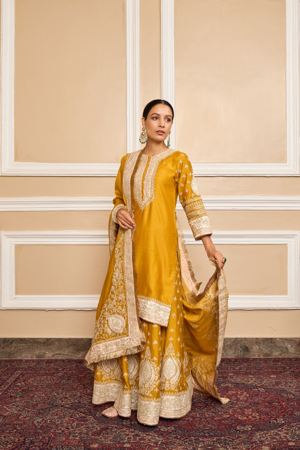 Muskan Chanana in Raina - Glaze Mustard Short Kurta with Sharara and Odhni