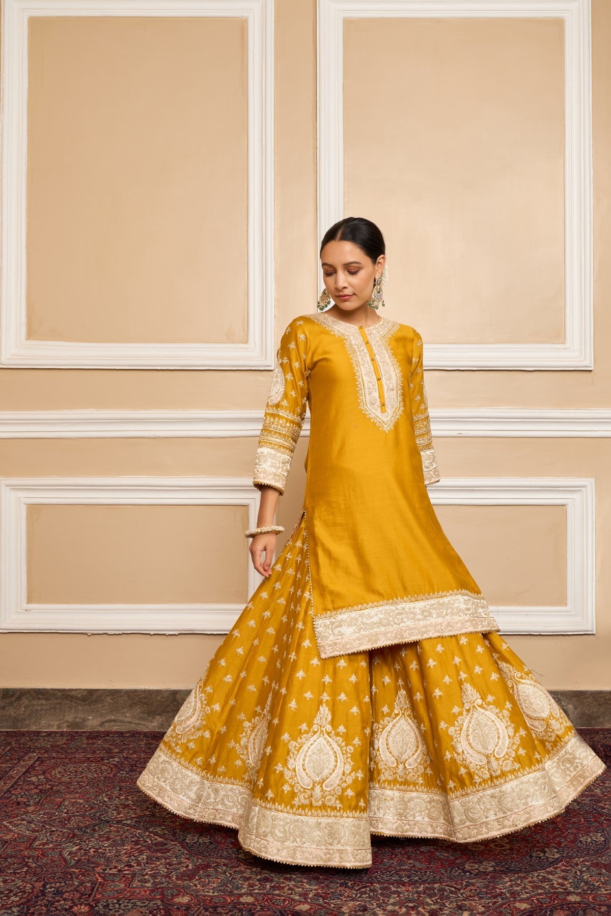 Muskan Chanana in Raina - Glaze Mustard Short Kurta with Sharara and Odhni