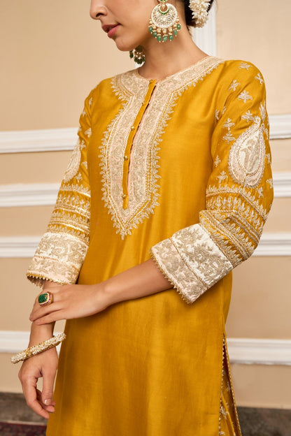 Muskan Chanana in Raina - Glaze Mustard Short Kurta with Sharara and Odhni
