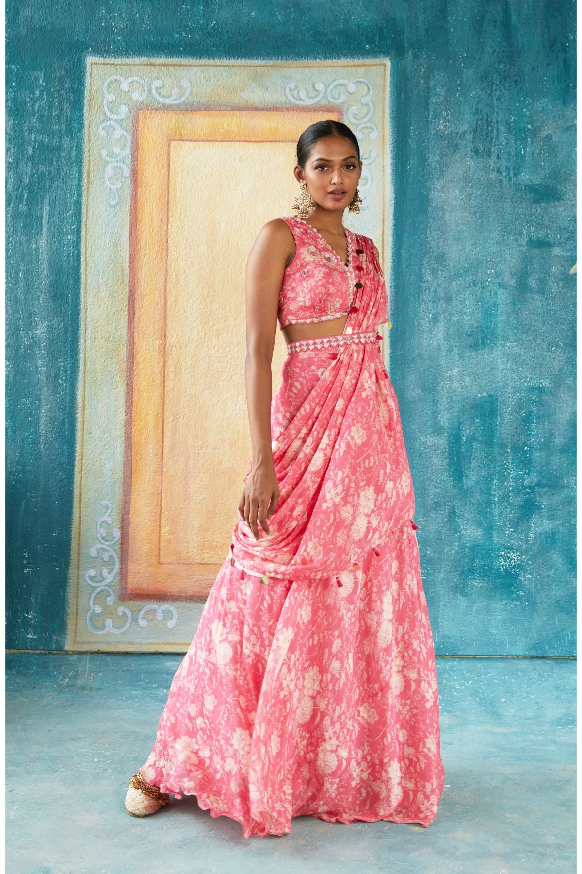 Pink Printed Draped Saree