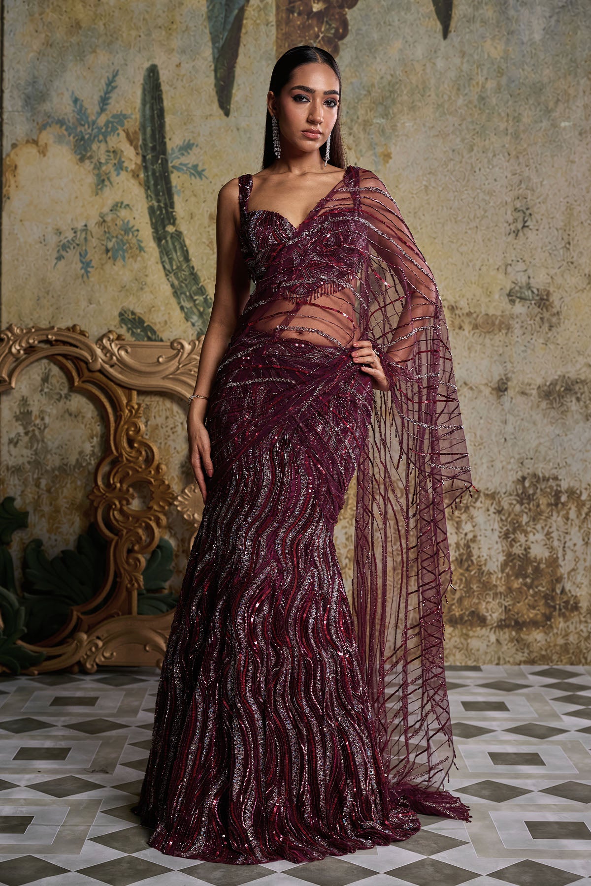 PLUM WAVE EMBELLISHED SAREE SET