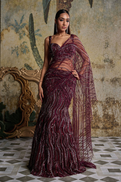 PLUM WAVE EMBELLISHED SAREE SET