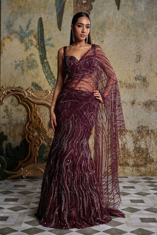PLUM WAVE EMBELLISHED SAREE SET