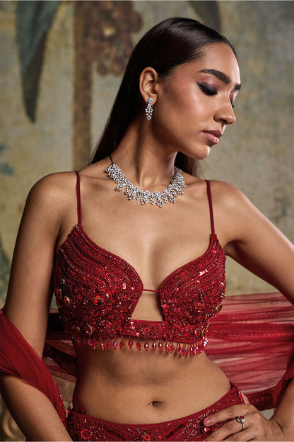 RED EMBELLISHED LEHENGA SET