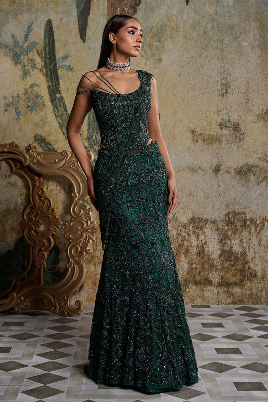 BOTTLE GREEN EMBELLISHED CORSET SAREE SET
