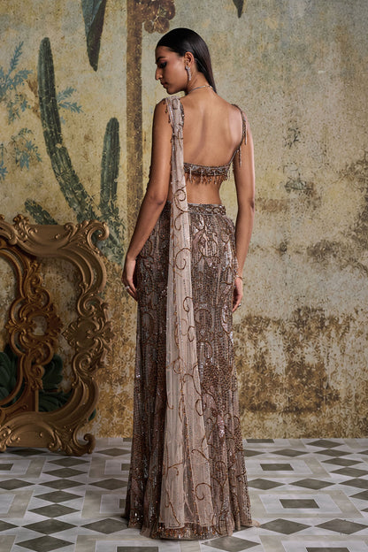 GREY SWIRLL EMBELLISHED & TASSSELED  SAREE SET