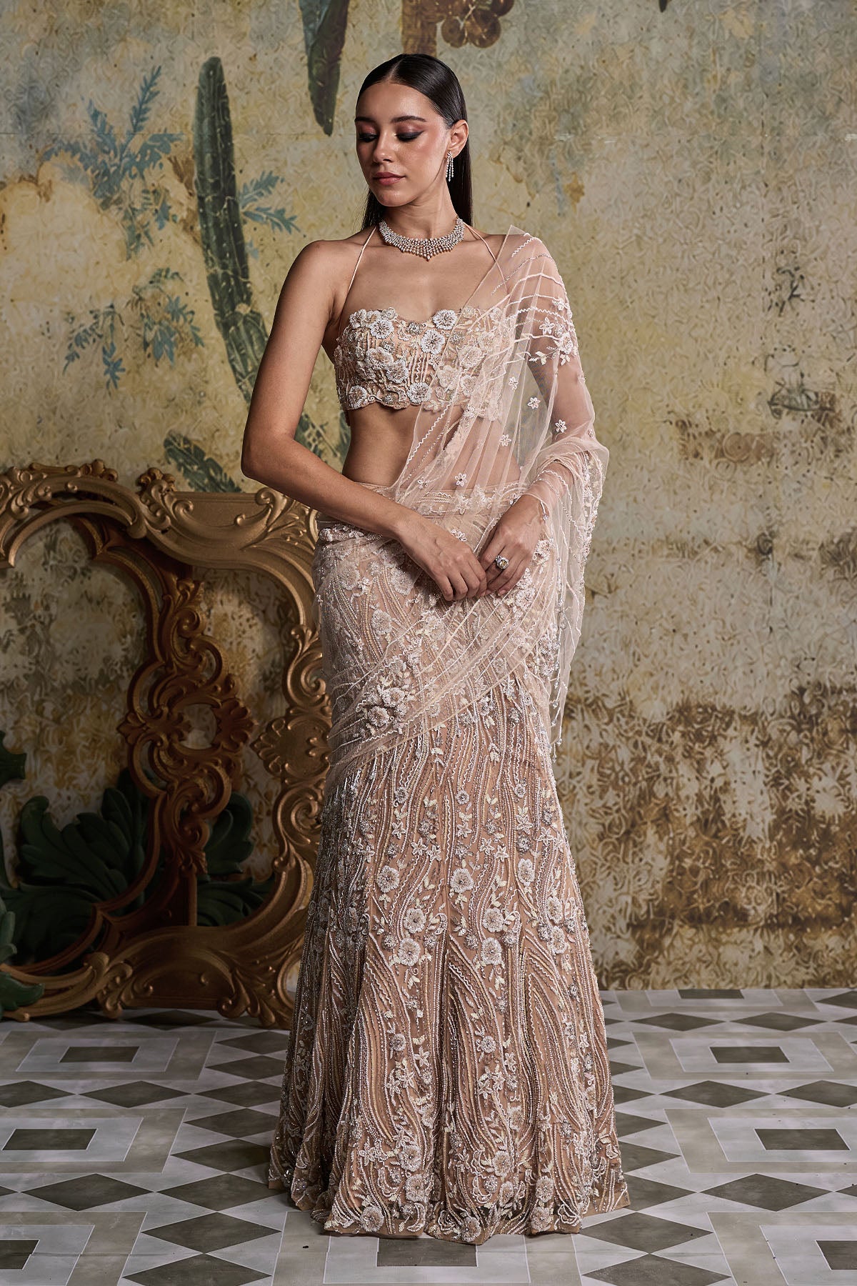 BEIGE & IVORY  3-D FLORAL EMBELLISHED SAREE SET