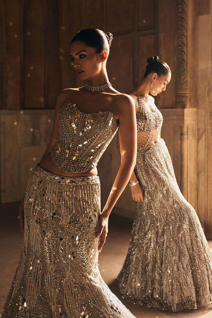 SILVER MIRROR EMBELLISHED TRAIL MERMAID SKIRT SET