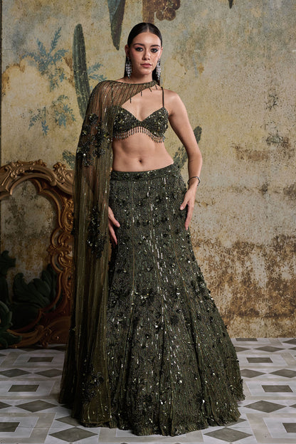 EARTHY GREEN EMBELLISHED CAPE MERMAID SET