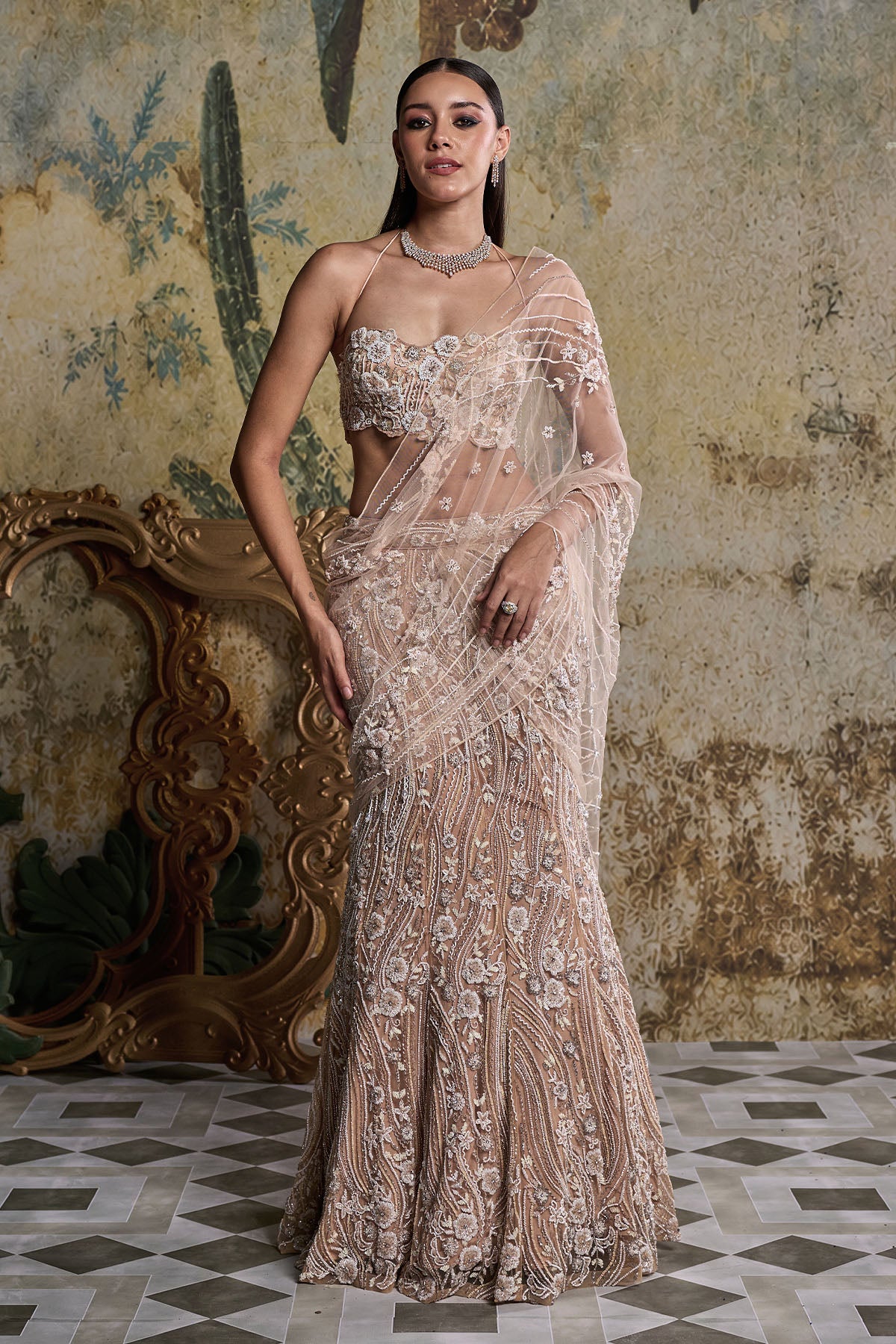BEIGE & IVORY  3-D FLORAL EMBELLISHED SAREE SET