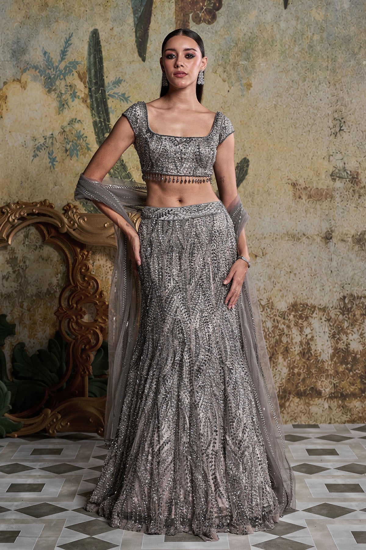 GREY GUNMETAL EMBELLISHED MERMAID SKIRT SET
