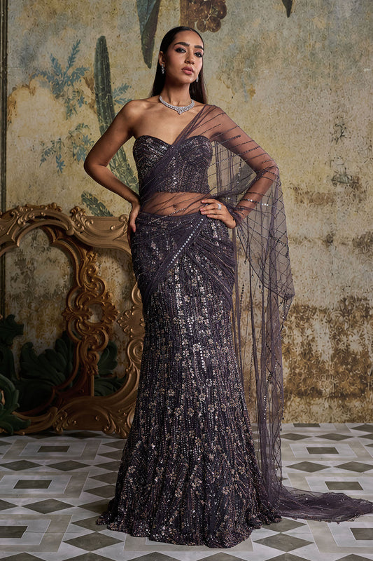 CHARCOL GREY FLORAL EMBELLISHED CORSET SAREE SET