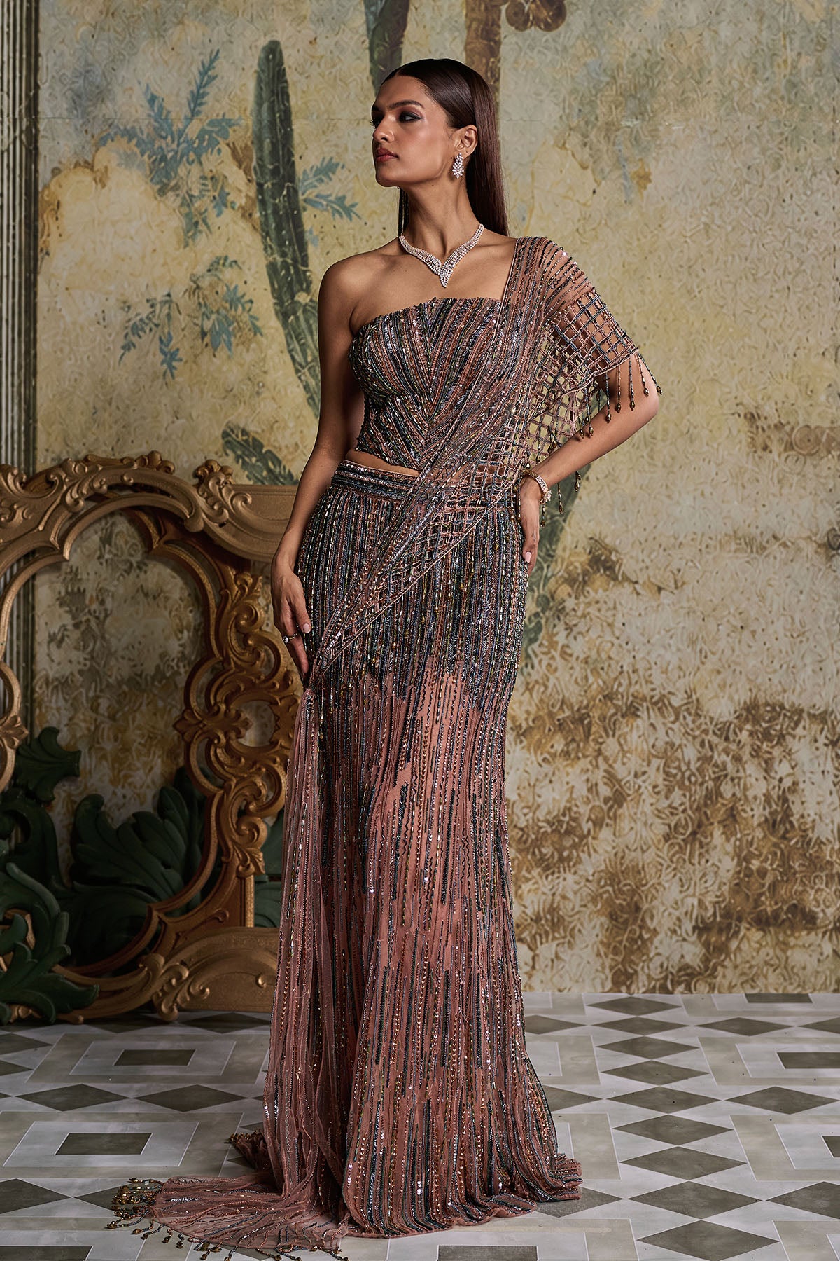 ONION PINK CUT WORK DRAPE EMBELLISHED SAREE SET
