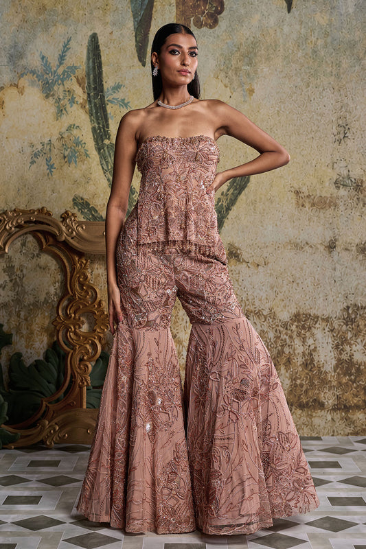 ROSE GOLD ABSTRACT FLORAL EMBELLISHED KURTI SET