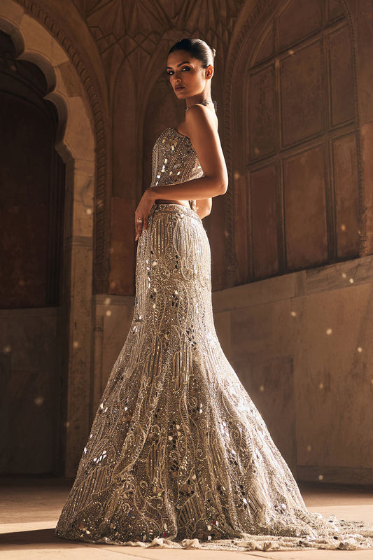 SILVER MIRROR EMBELLISHED TRAIL MERMAID SKIRT SET
