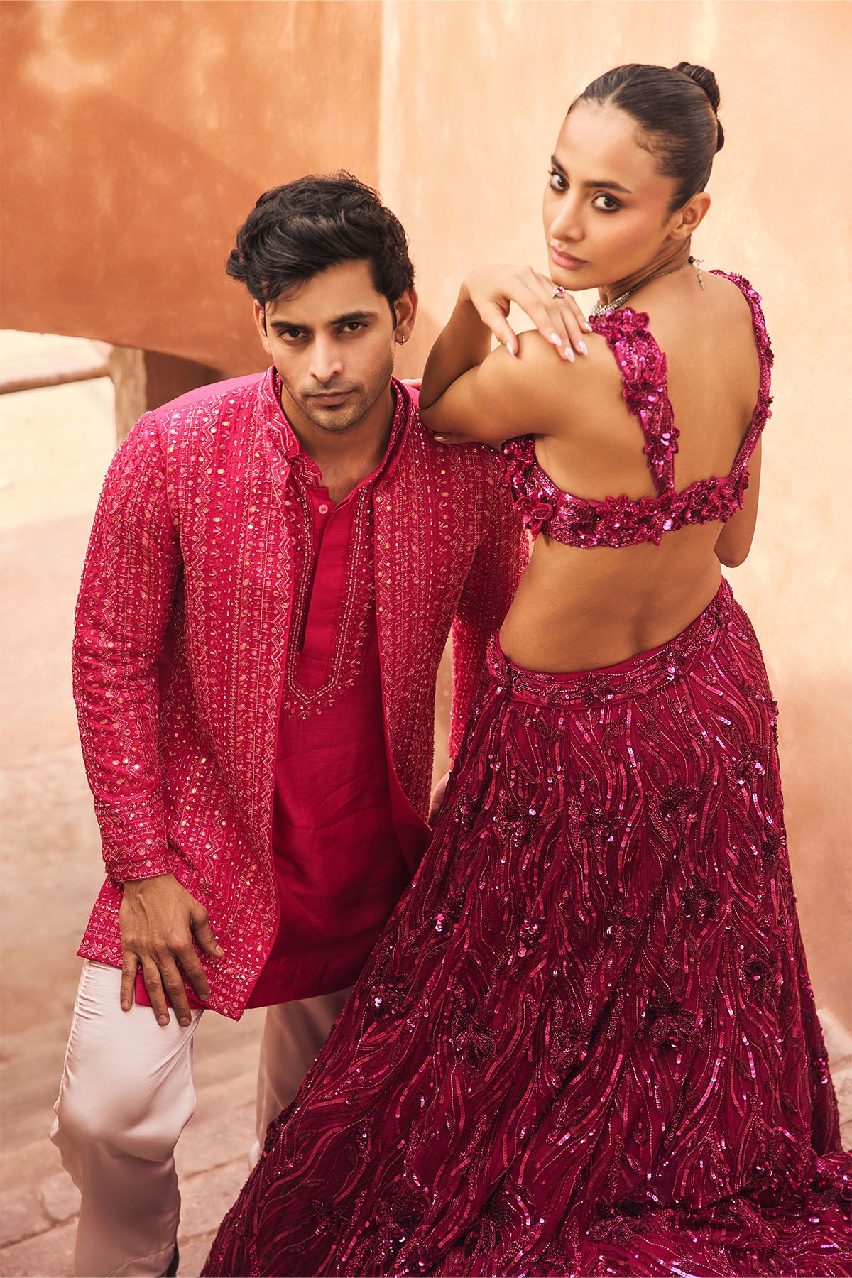 FUSCHIA PINK 3-D EMBELLISHED LEHENGA SET