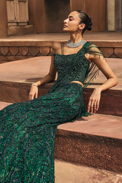 BOTTLE GREEN EMBELLISHED CORSET SAREE SET