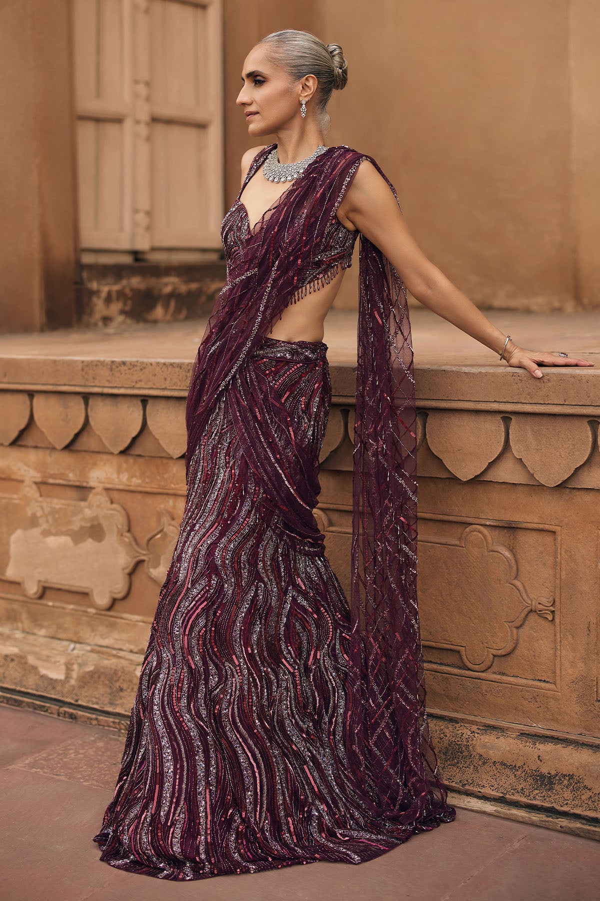 PLUM WAVE EMBELLISHED SAREE SET