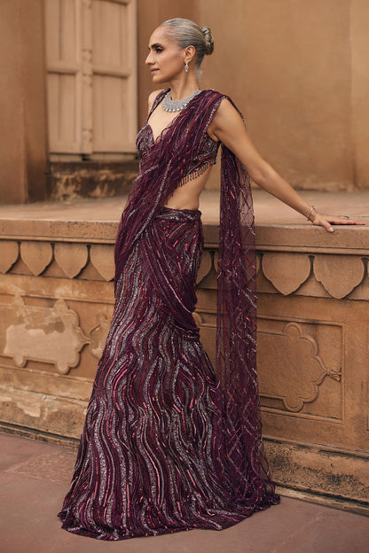 PLUM WAVE EMBELLISHED SAREE SET