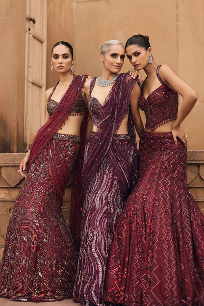 MAROON ABSTRACT EMBELLISHED SAREE SET