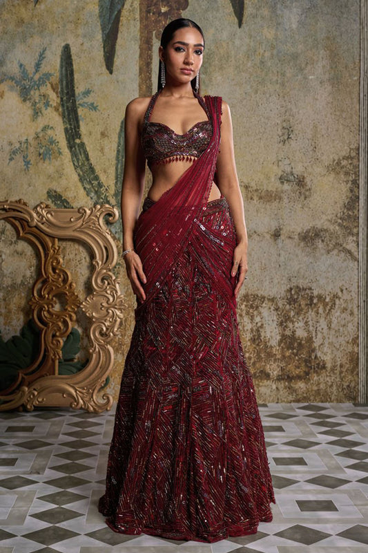 MAROON ABSTRACT EMBELLISHED SAREE SET