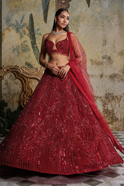 RED EMBELLISHED LEHENGA SET