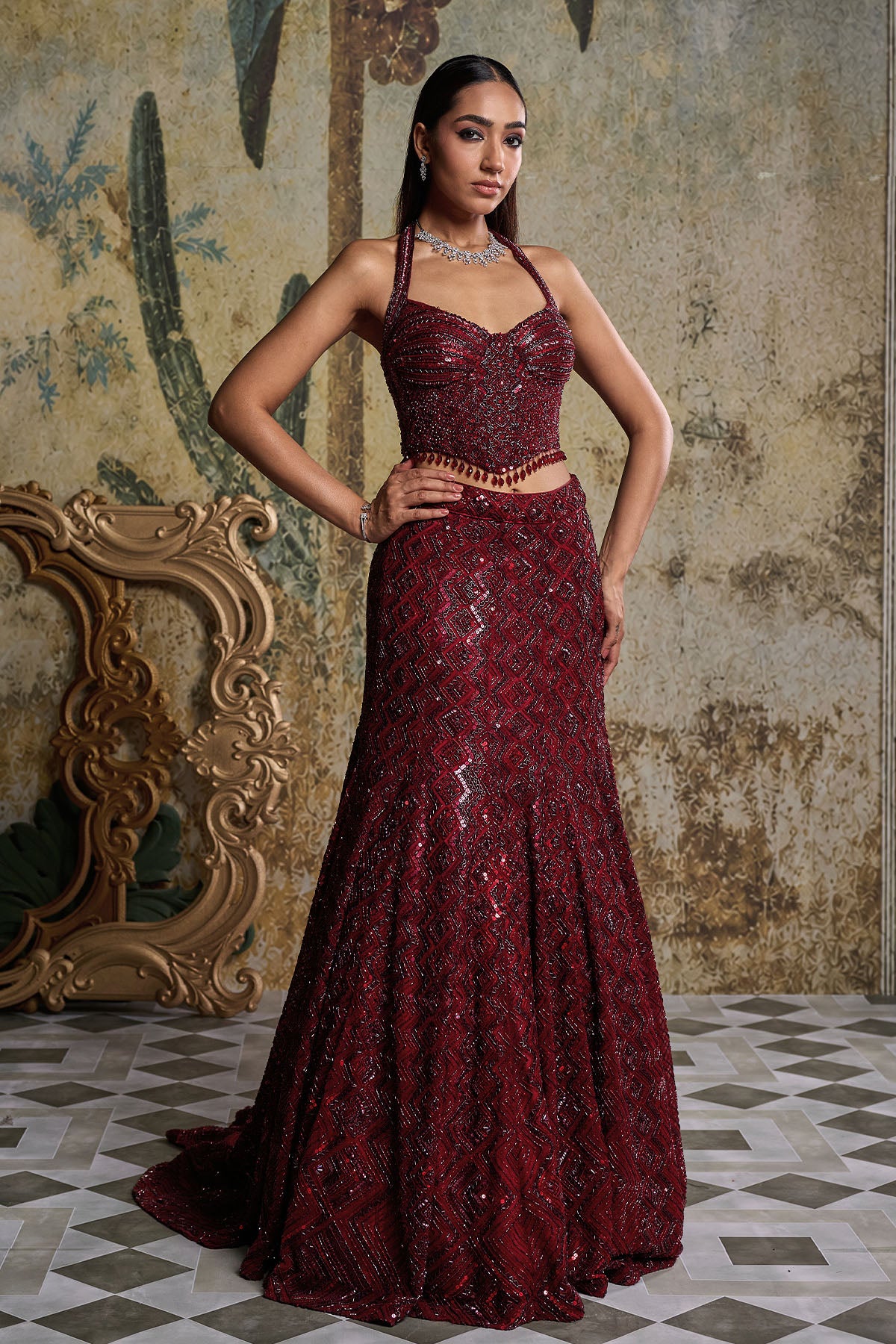 MAROON EMBELLISHED MERMIAD SET
