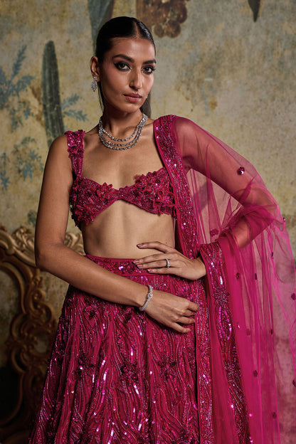 FUSCHIA PINK 3-D EMBELLISHED LEHENGA SET