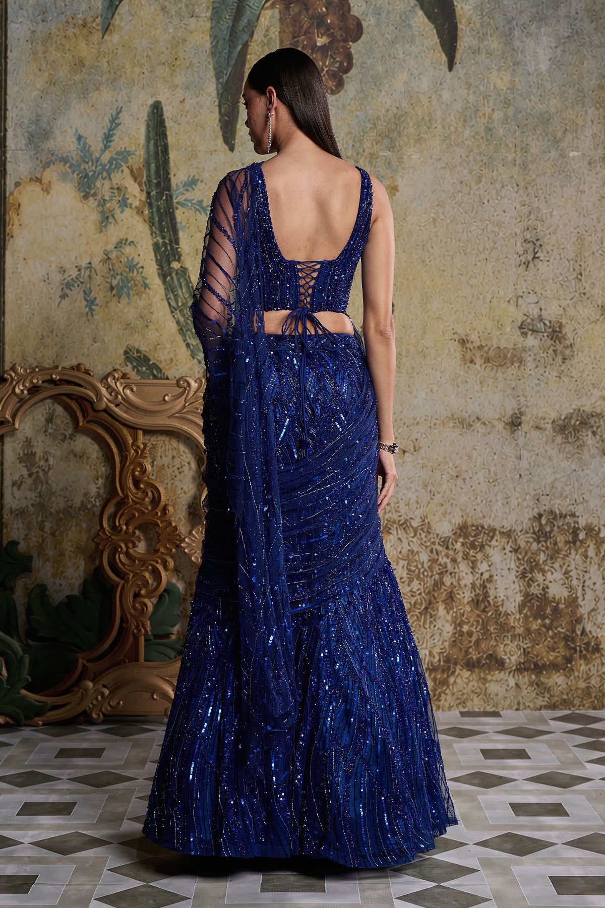 ELECTRIC BLUE EMBELLISHED SAREE SET
