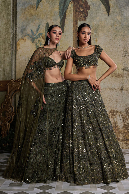 EARTHY GREEN EMBELLISHED CAPE MERMAID SET