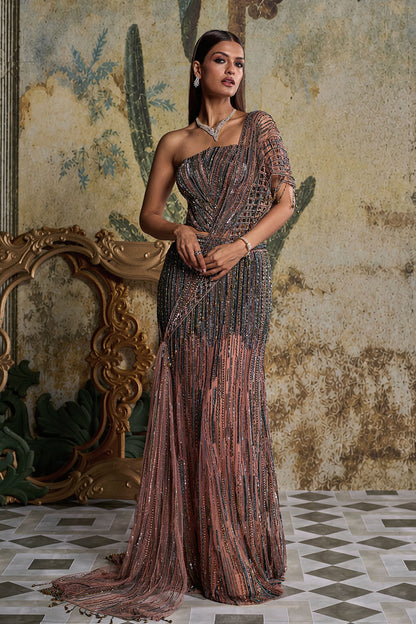 ONION PINK CUT WORK DRAPE EMBELLISHED SAREE SET