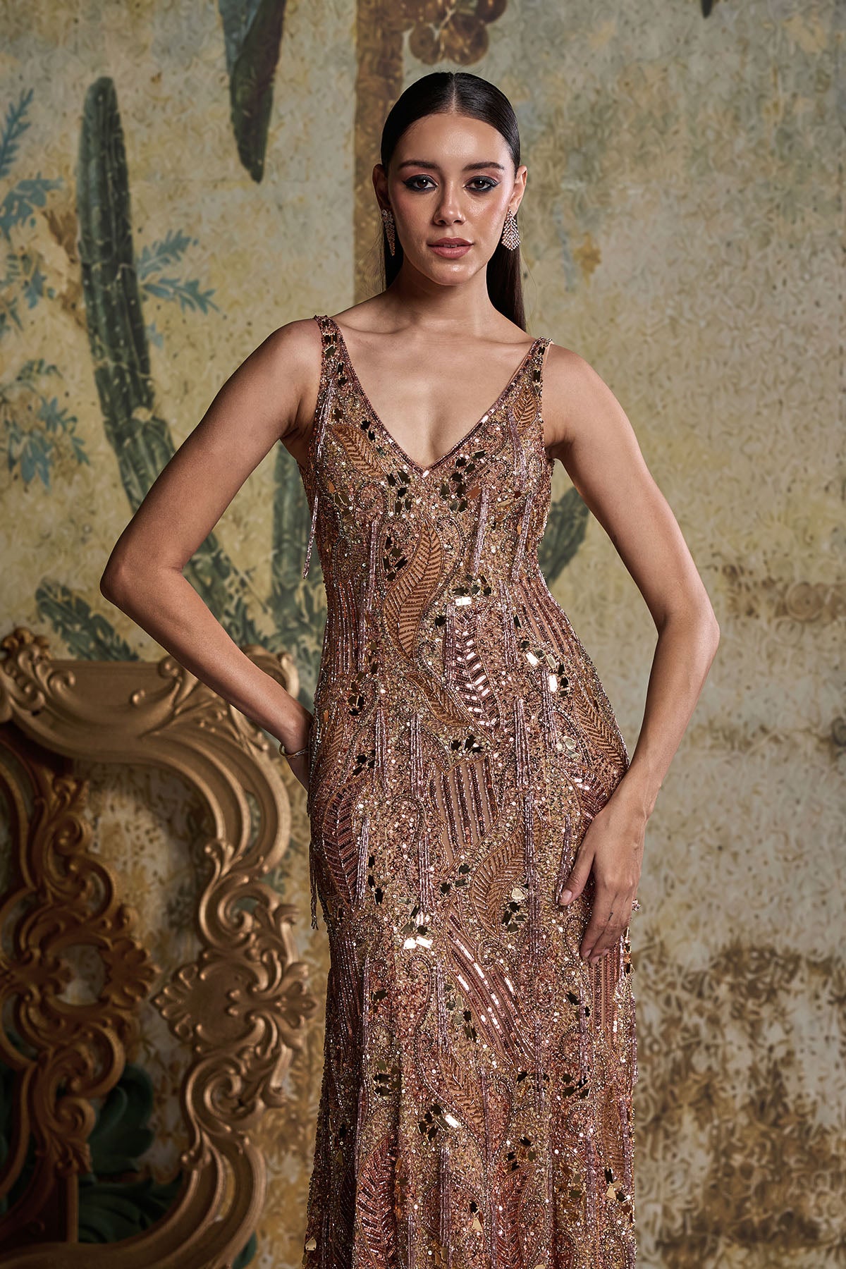 ROSE GOLD ABSTARCT ACRYLIC EMBELLISHED GOWN