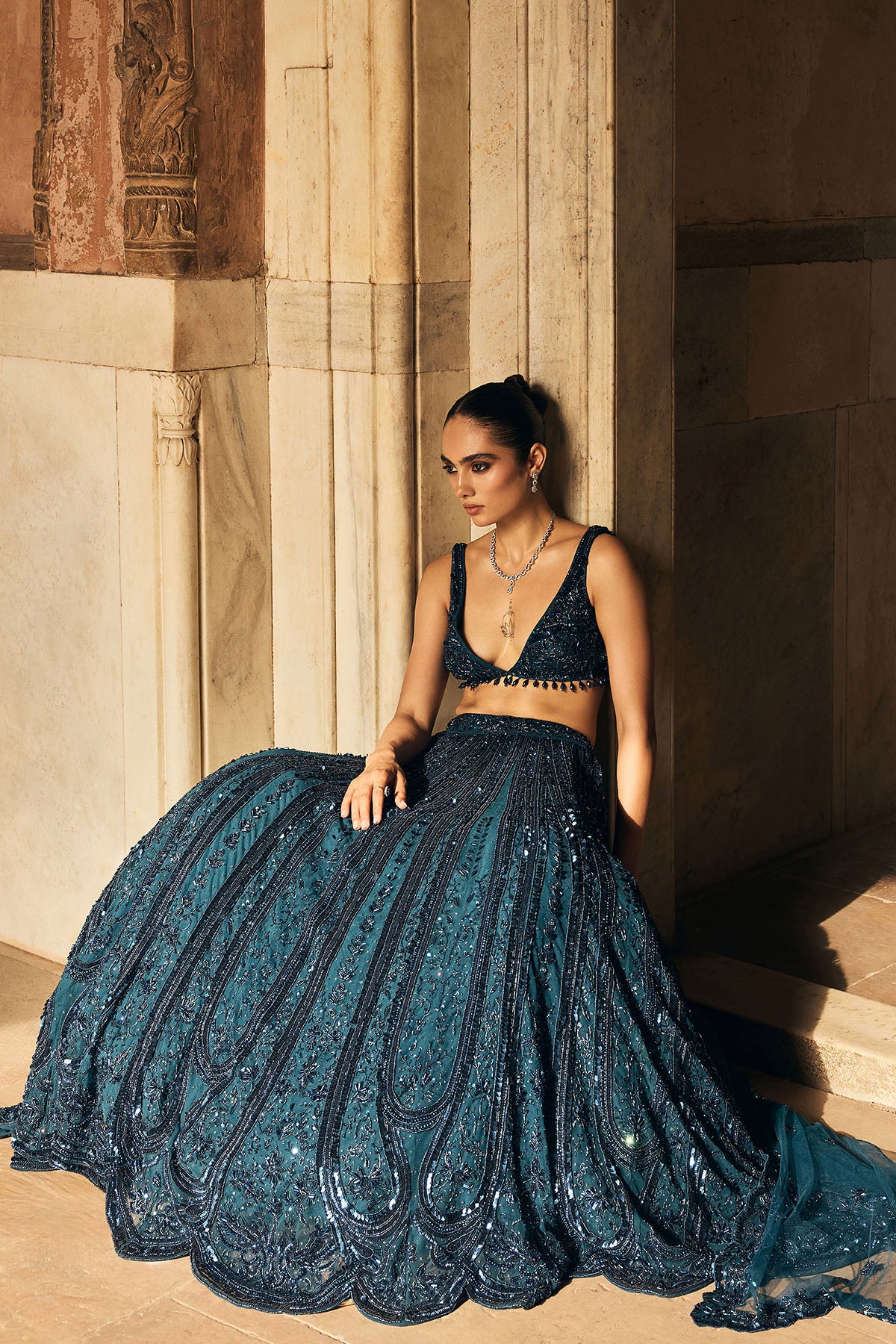 TEAL BLUE EMBELLISHED LEHENGA SET